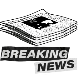 ícone ilustrado em preto e branco que representa os destaques das notícias, contendo o texto breaking news escrito.