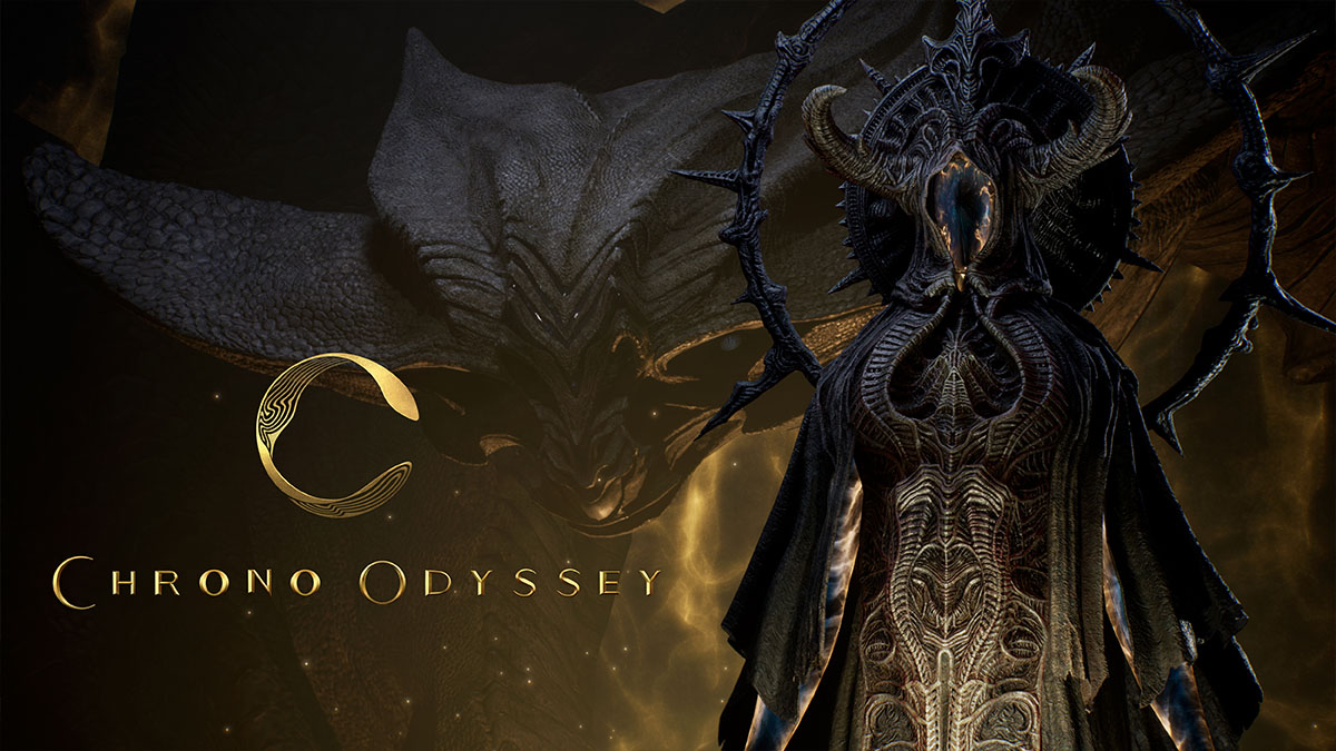 Logotipo e nome do jogo Chrono Odyssey em dourado contendo duas criaturas sombrias