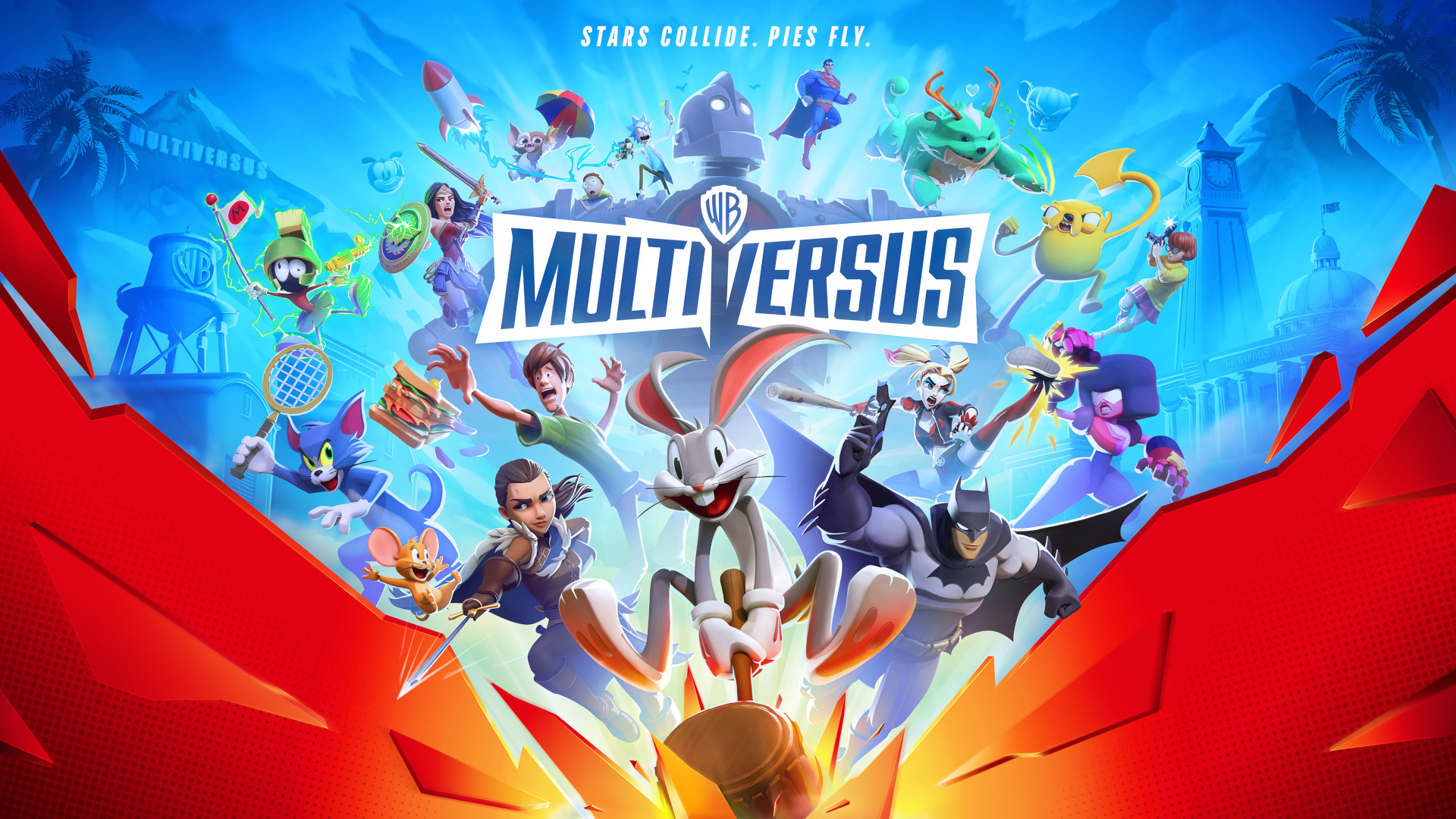 Capa do jogo MultiVersus contendo personagens de desenhos animados: Pernalonga, Batman, Tom e Jerry, Salsicha, Superman, Finn e jake, etc.