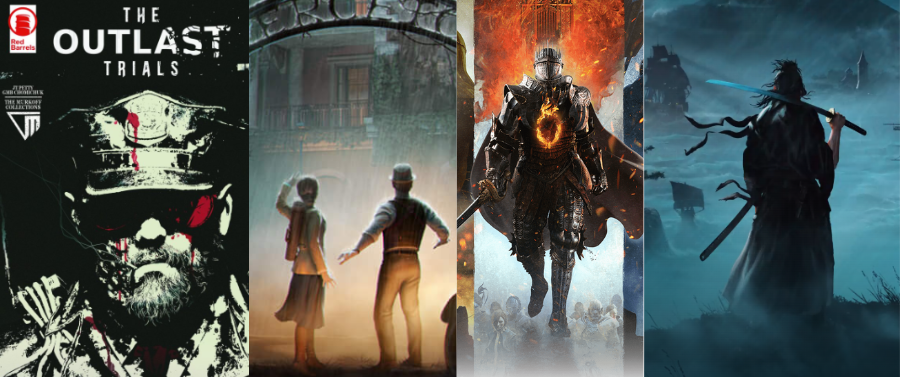 imagem contendo a capa de 4 jogos: Outlast Trials, Alone in the Dark, Dragons Dogma 2, e Rising of the Ronin