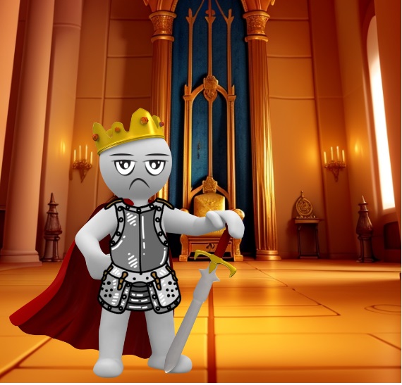 imagem de um rei cartoonizado em pose impoente com a ponta da sua espada no chão, ao fundo o seu trono em uma sala da cor de cobre
